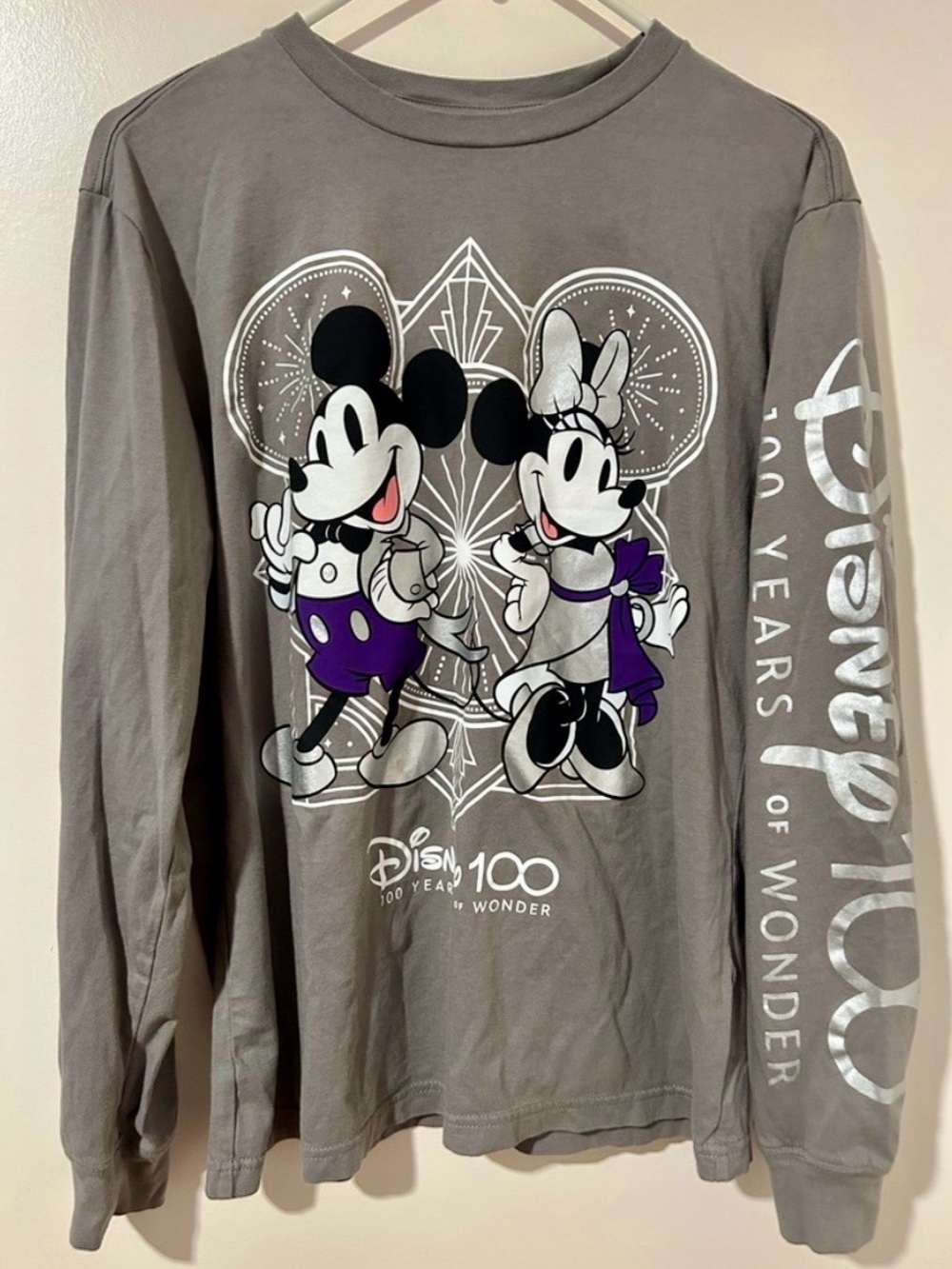 Disney 100 Years Of Wonder Gray Long Sleeve Shirt, Adult Size Small
